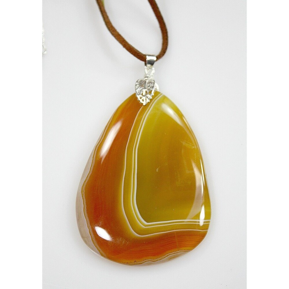 Agate Stone Pendant Necklace Yellow Orange White Waves BOHO Jewelry Gift #02